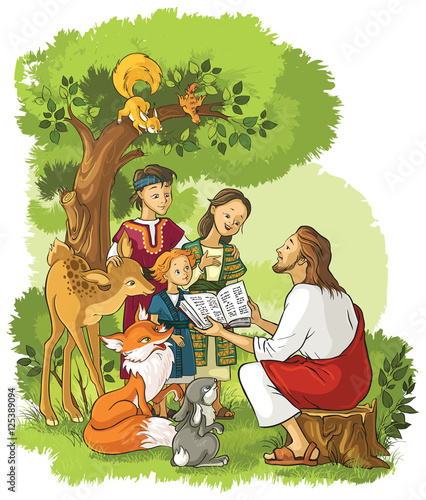 Jesus reading the Bible to children and animals