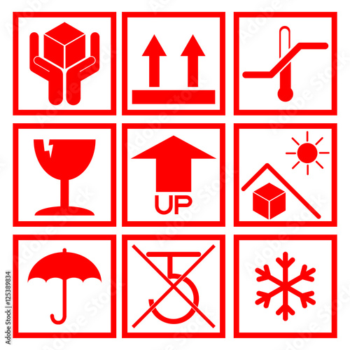 Set of red packaging symbol (side up, handle with care, fragile,