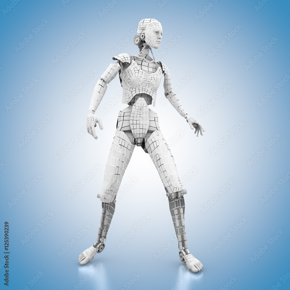 humanoider Roboter stehend auf blauem Hintergrund