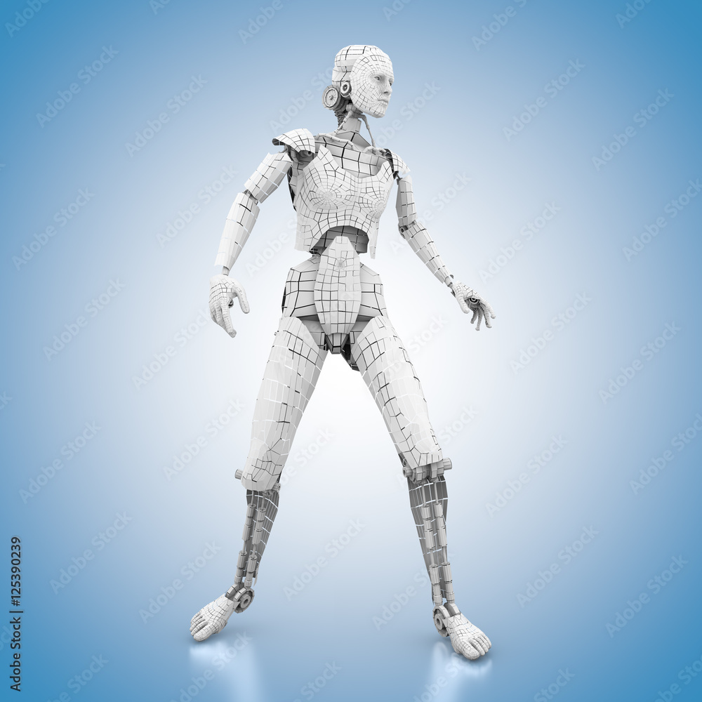 humanoider Roboter stehend auf blauem Hintergrund humanoider Roboter stehend auf blauem Hintergrund