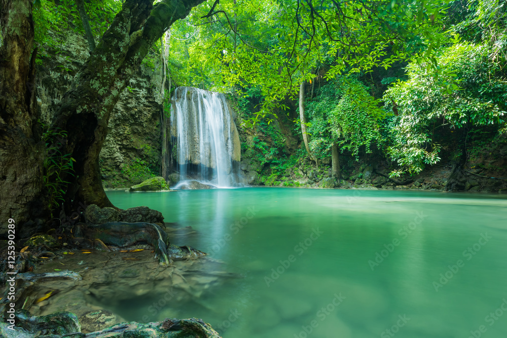 Green and clean waterfall for relaxation, Erawan waterfall , Located Kanchanaburi, Thailand
