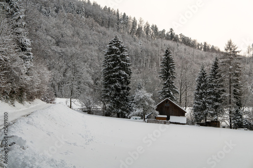 A farmhouse in winter covered in snow