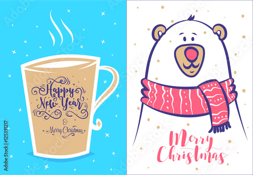 Funny new year set . Christmas greeting card background poster. Vector illustration.