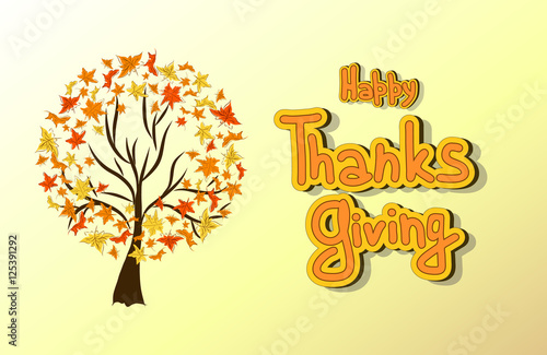 Hand drawn Thanksgiving card. Maple leaves, trees, branches, lettering. Happy Thanksgiving background with maples leaves and tree, can be use as poster or banner.