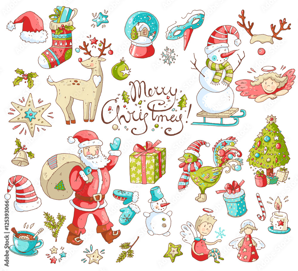Naklejka premium Big vector set of New Year and Christmas objects symbols: tr