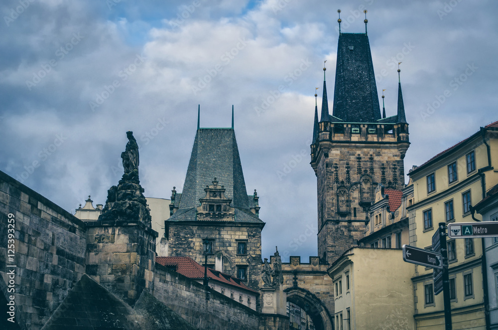 Prague, Czech Republic. Charles Bridge and Mala Strana towers. T Prague, Czech Republic. Charles Bridge and Mala Strana towers. T