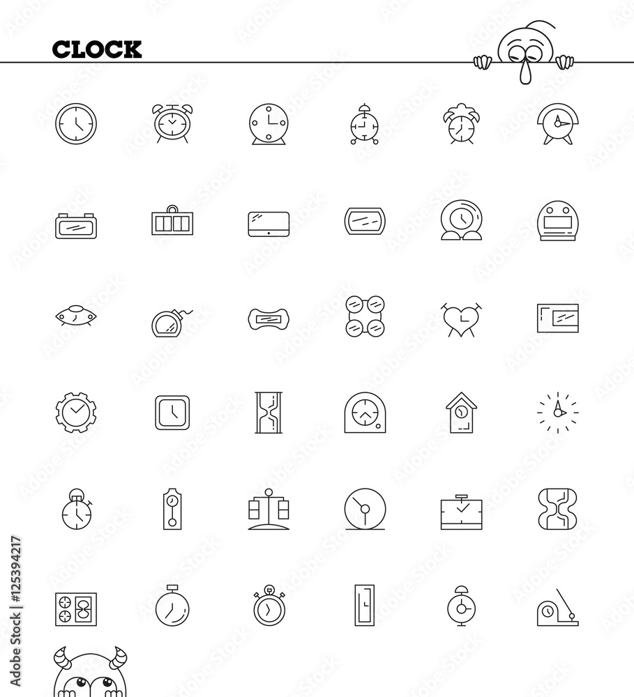 Clock line icon. Vector high quality outline pictogram of clock. Sign of element for home's interior. Thin line icon for design website or mobile app. Black symbol on format EPS 10 for logo. Clock line icon. Vector high quality outline pictogram of clock. Sign of element for home's interior. Thin line icon for design website or mobile app. Black symbol on format EPS 10 for logo.