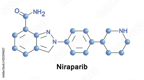 Niraparib is an orally active small molecule PARP inhibitor being developed to treat ovarian cancer. It is an inhibitor of PARP1 and PARP2. Medical vector illustration.