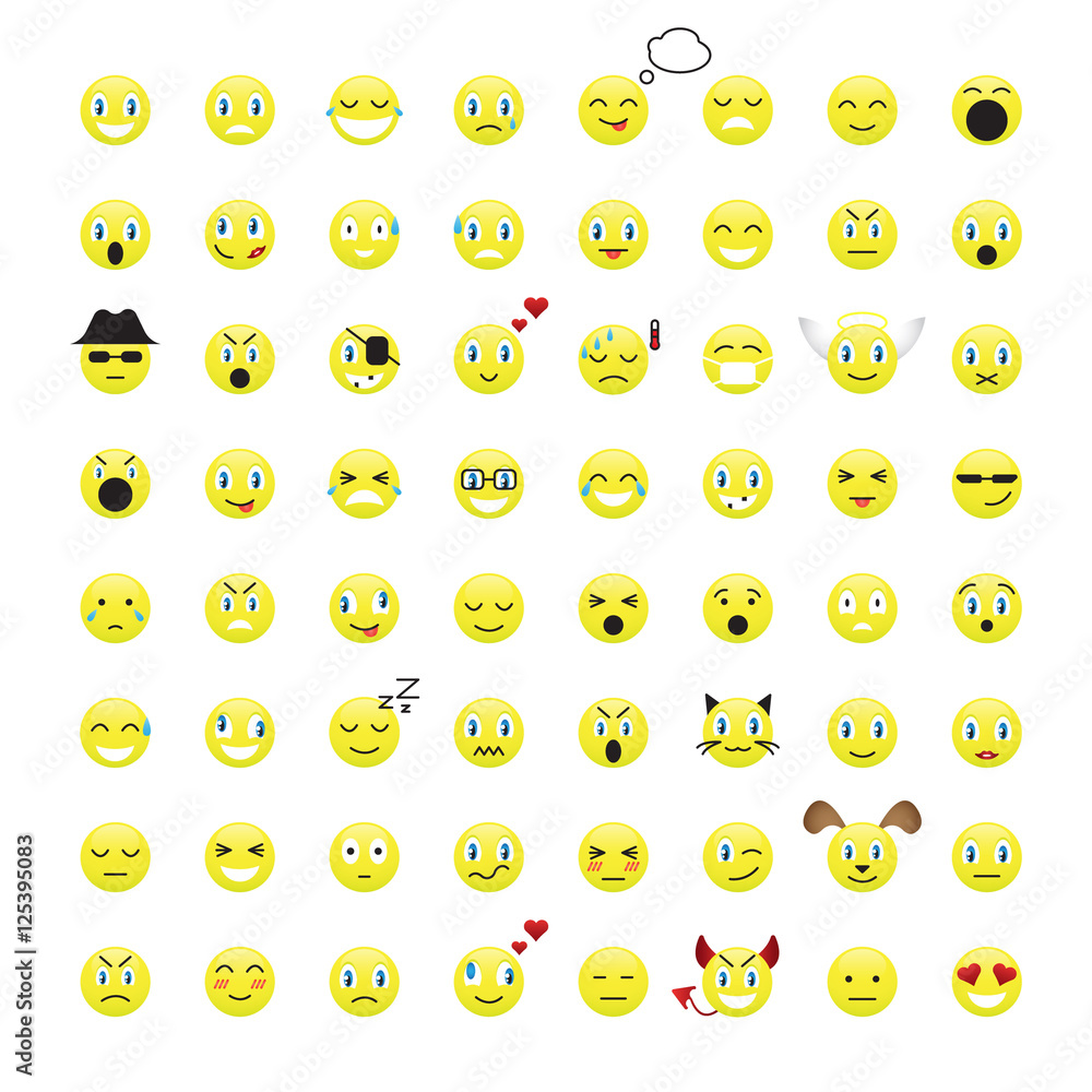 Set of Emoticons. 64 emoji icons. StockIllustration Adobe Stock