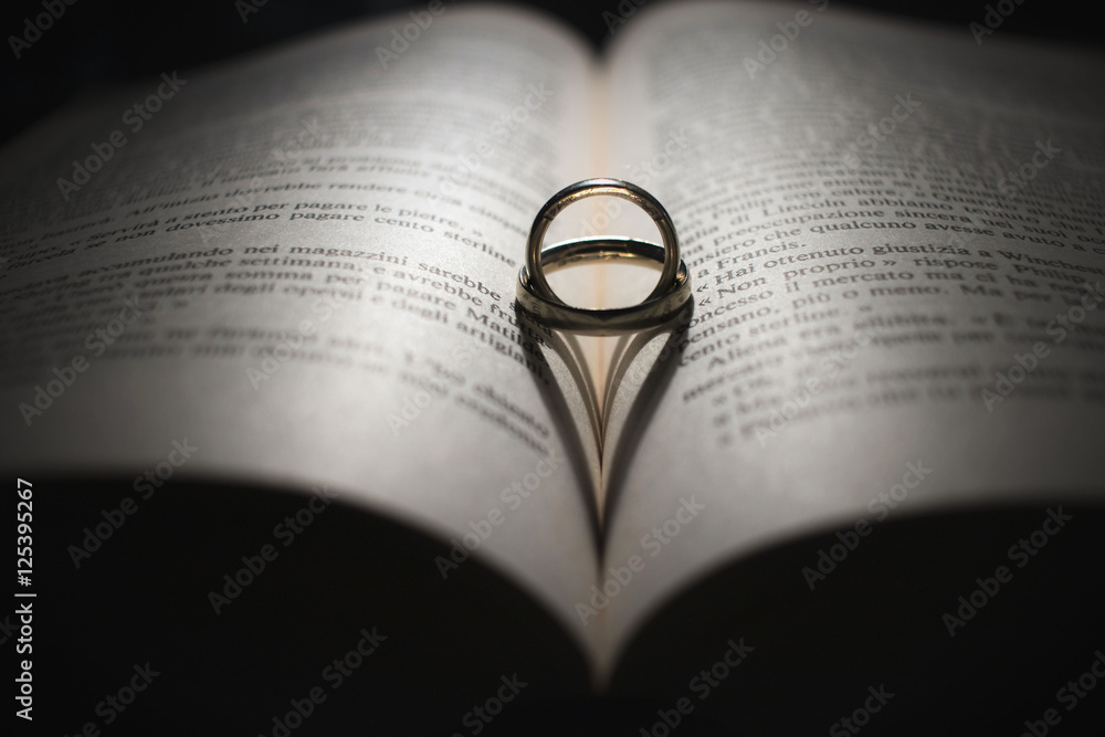 Fototapeta premium Wedding rings and heart shadow on an open book
