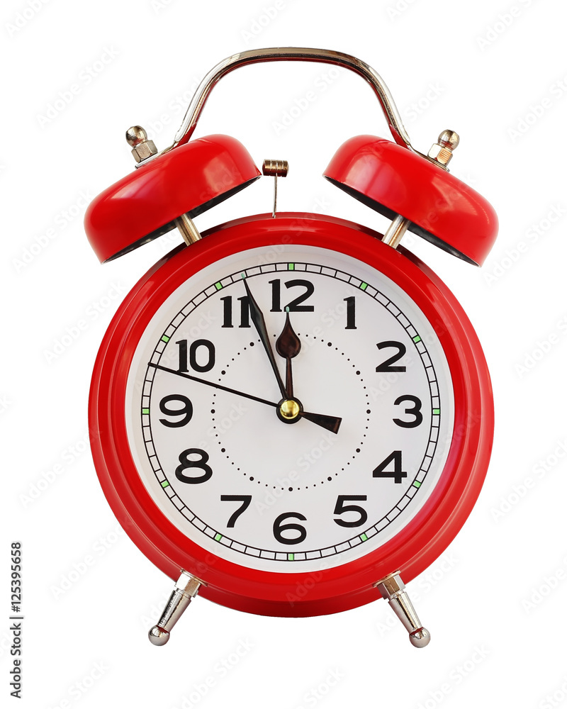Red retro alarm clock at twelve o'clock, isolate. Red retro alarm clock at twelve o'clock, isolate.