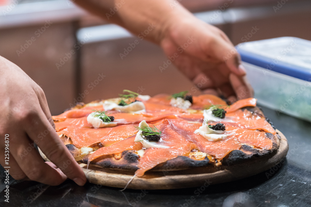 Pizza with salmon
