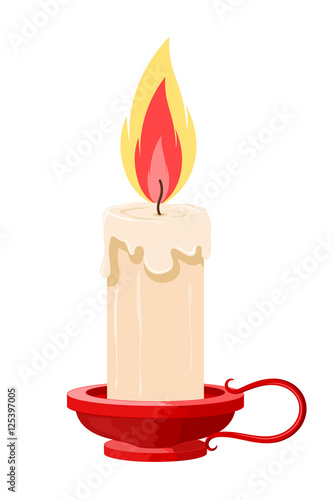 Vector illustration of a burning candle in a holder on a white b