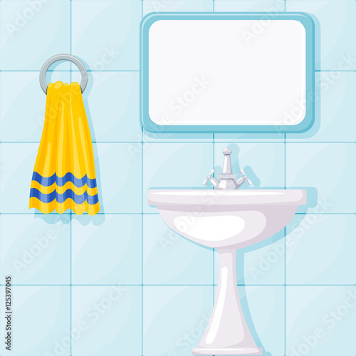 Vector illustration of bathroom ceramic wash basin, tiled walls,