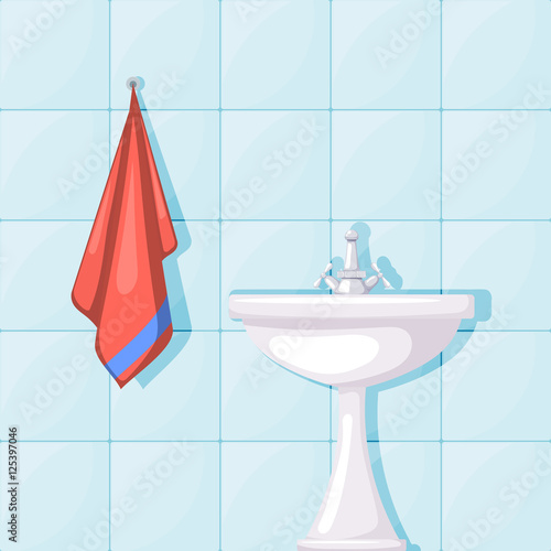 Vector illustration of bathroom ceramic wash basin, tiled walls