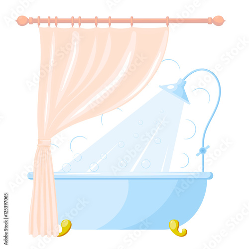 Vector cartoon illustration of shower tray and a curtain in bath