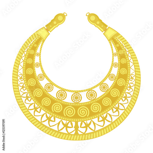 Gold pectoral on a white background. Old woman's jewelry. Golden