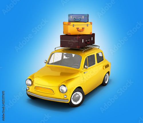 Little retro car with bags, travel concept on blue gradient back