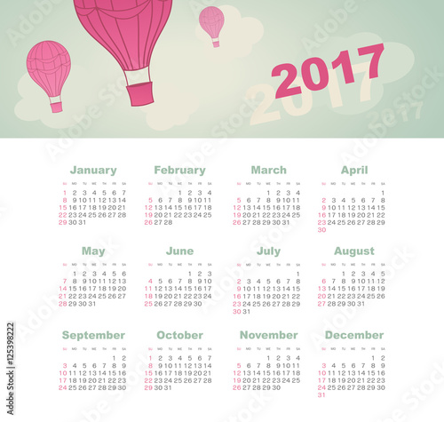 Calendar 2017 with balloon, sky, cloud, aerostat