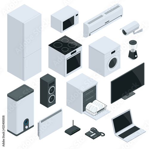 Kitchen and house appliances refrigerator, stove, microwave, music speakers, dishwasher, air conditioning, video camera, washing machine, blender, water boiler, wall mounted heater