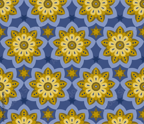 Golden and blue repetitive mandala and stars pattern