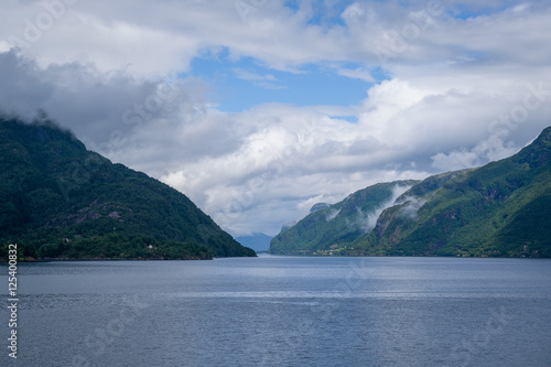 North sea fjord view with green steep shores.