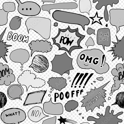 Tapety Bezszwowy deseniowy tło z handdrawn komiks mową gulgocze, wektorowa ilustracja