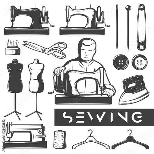 Set of vintage monochrome sewing elements. Tailor at work. Tailor tools isolated icon set. Scissors, sewing machine, iron, manne