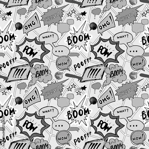 Tapety Bezszwowy deseniowy tło z handdrawn komiks mową gulgocze, wektorowa ilustracja