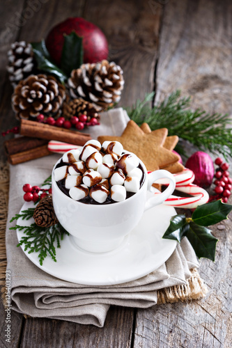 Christmas hot chocolate with festive decorations