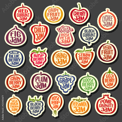 Vector Set colorful Fruits Jam icons: collection set of abstract label strawberry berry jam, simple fruit logo or icon of rose petals jams, minimalistic cartoon pictograms isolated on black background