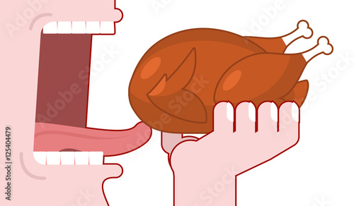 Man eating roast turkey. Consumption of fried fowl. Baked chicke
