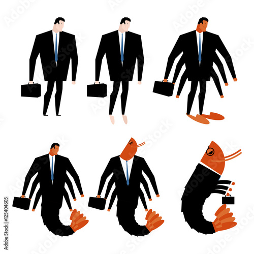 Office plankton transformation. Manager and shrimp with suitcase