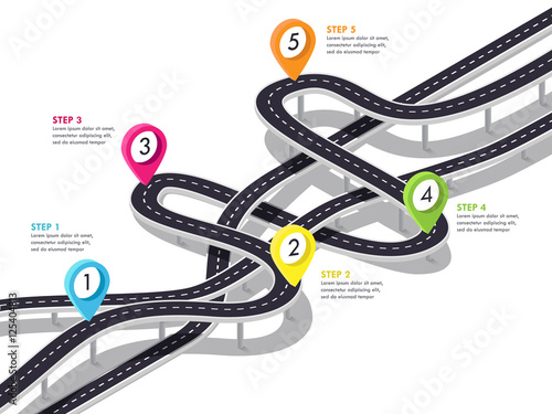 Road trip and Journey route background. Business and Journey Infographic Design Template. Stylish 3D Winding roads of the flyover. Vector EPS 10