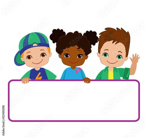 Kids with Signs. Bricht Kids .Frame Board. Clipart. Child meeting frame white board.