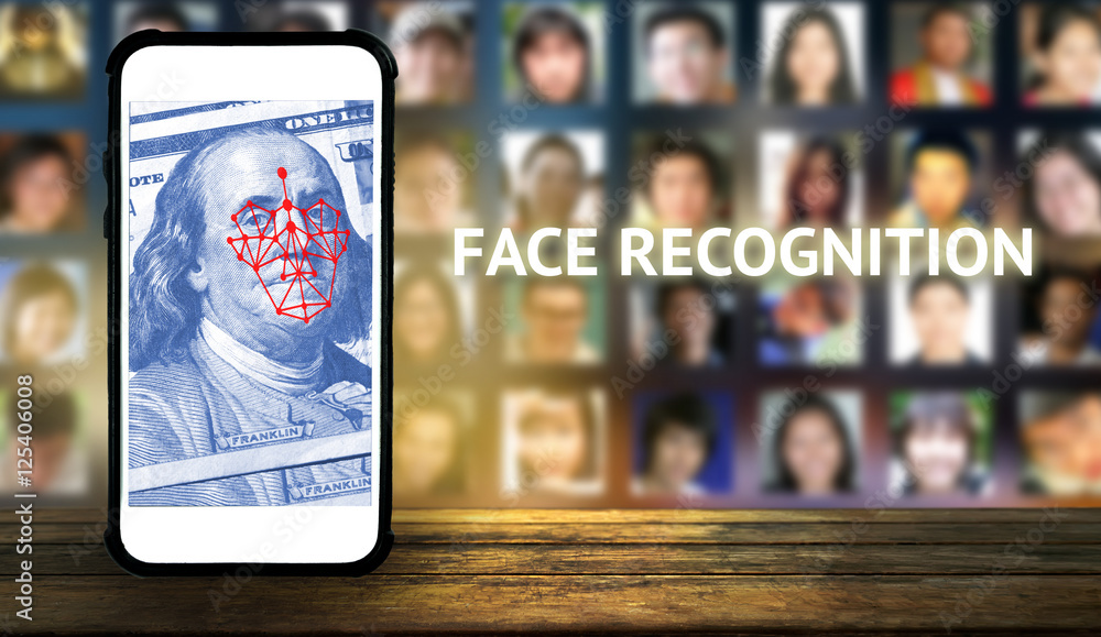 Machine learning systems and accurate facial recognition concept , smart  phone with blue screen and blur human faces background Stock Photo | Adobe  Stock