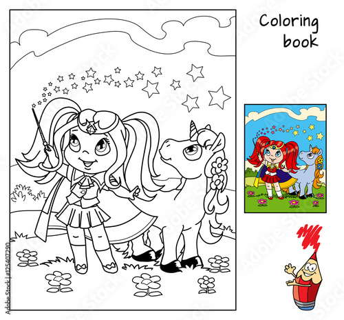 Cute little witch girl with a magic wand and young unicorn. Coloring book. Cartoon vector illustration