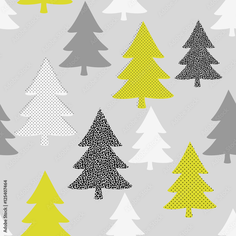 Obraz premium Seamless pattern with Christmas trees in black, white, green and gray on light gray background.