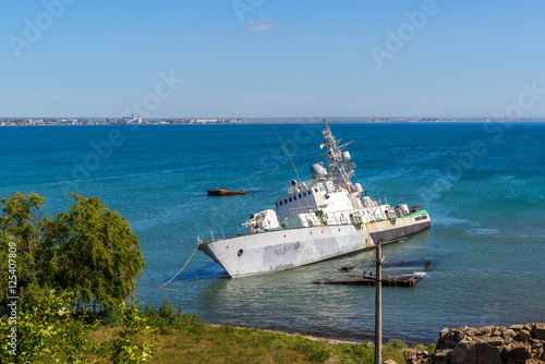 Damaged Ukrainian military boat in Feodosiya, Crimea photo