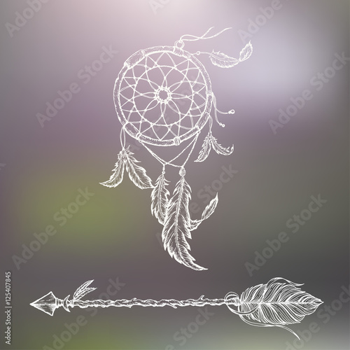 Dreamcatcher and arrow with feathers. Vector hand drawn illustration