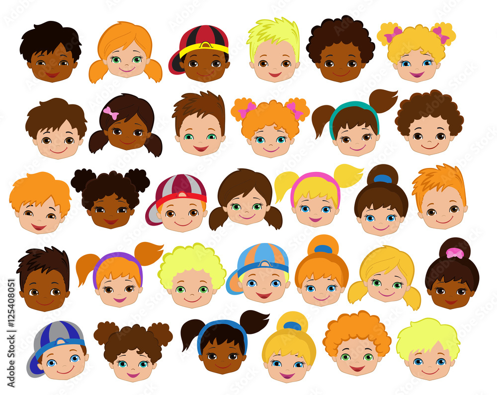 Set of cartoon children's faces. Cartoon child face icon. Isolated on white background. Set of cartoon children's faces. Cartoon child face icon. Isolated on white background.