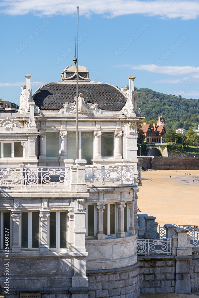 The royal bathhouse Real Casa de Baños at the la Concha bay and beach Donostia San Sebastian. In former times the bathhouse was used as part of the summer residence used by the Royal Spanish Family