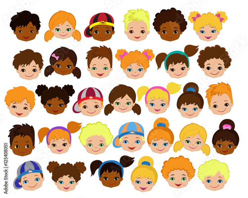 Set of cartoon children's faces. Cartoon child face icon. Isolated on white background.