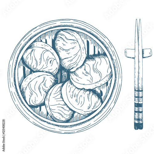 Asian dumplings in a bamboo steamer and chopsticks. Top view vector illustration. Linear graphic.