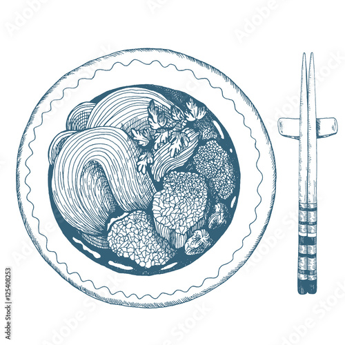 Asian food Ramen and chopsticks. Noodles Vintage Vector illustration. Linear graphic.