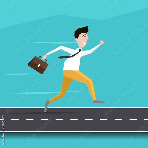 Businessman Running on the Road to Success. Young Man Character Running on the Road in Flat Design. Vector EPS 10