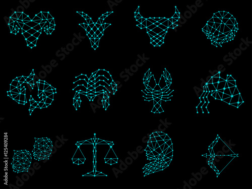 Zodiac Design. Horoscope set: Leo, Virgo, Scorpio, Libra, Aquarius, Sagitarius, Pisces, Capricorn, Taurus, Aries, Gemini, Cancer. Vector illustration.