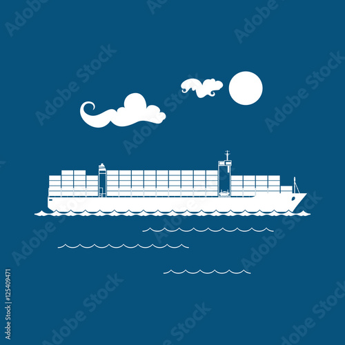 Cargo Container Ship Isolated on Blue Background, Industrial Marine Vessel with Containers on Board, International Freight Transportation, Vector Illustration