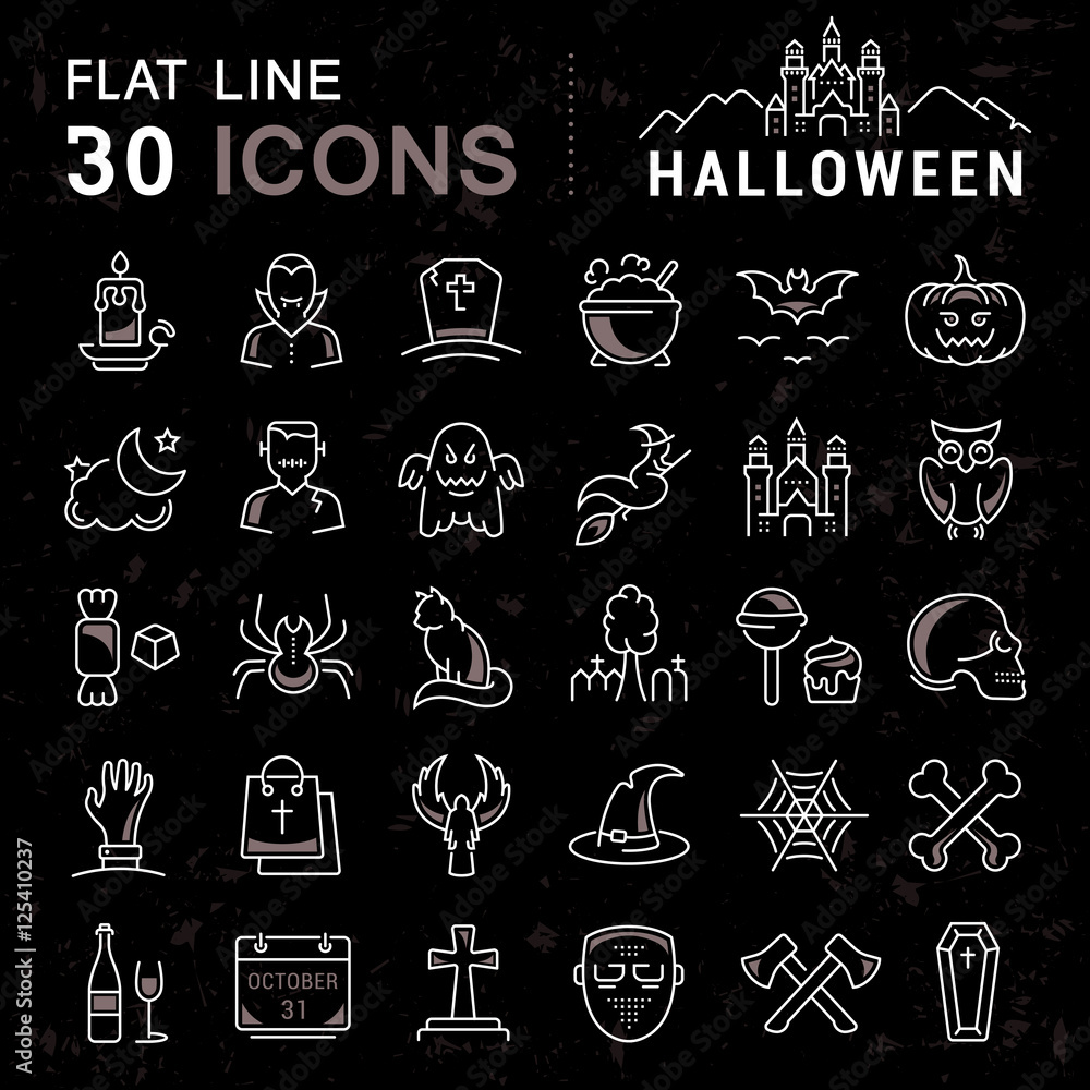 Set Vector Flat Line Icons Halloween
