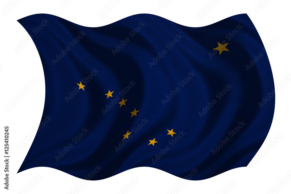 Flag of Alaska wavy on white, fabric texture